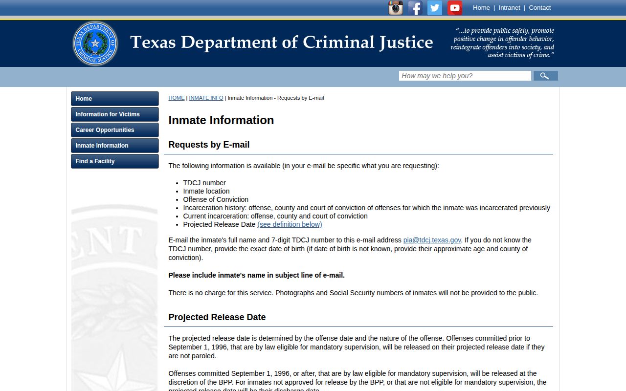 TDCJ inmate information email instructions for projected release requests